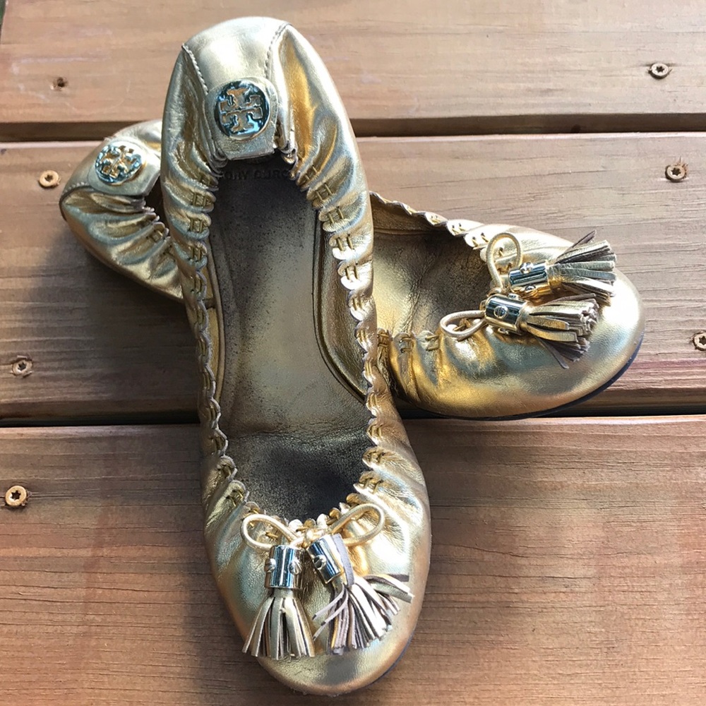 Tory Burch  Gold Reese Distressed Leather Flats